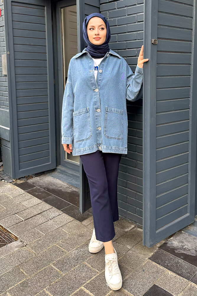 Kısa Düğmeli Denim Ceket - Mavi - 8