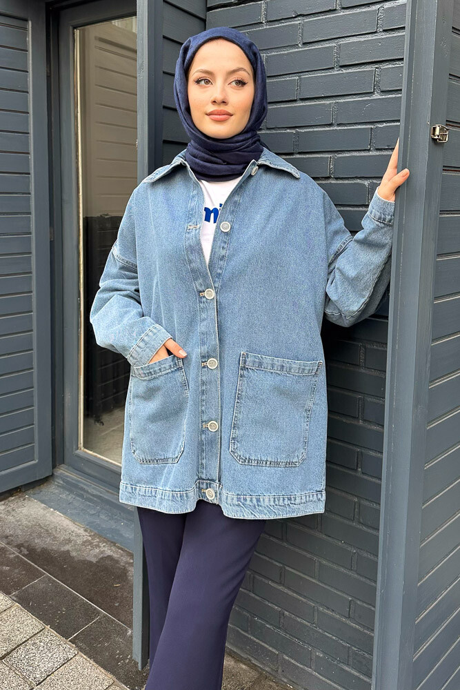 Kısa Düğmeli Denim Ceket - Mavi - 5