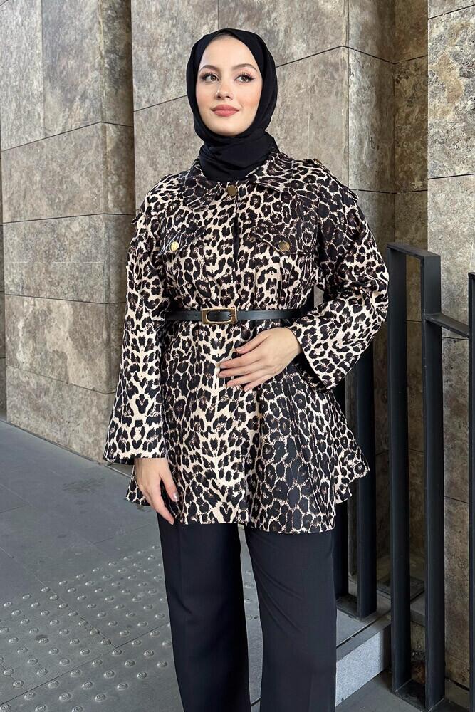 Leopar Desenli Kemerli Ceket - Bej - 6