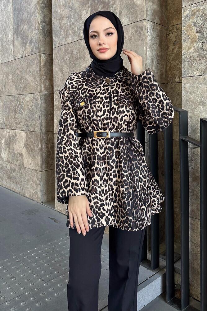 Leopar Desenli Kemerli Ceket - Bej 