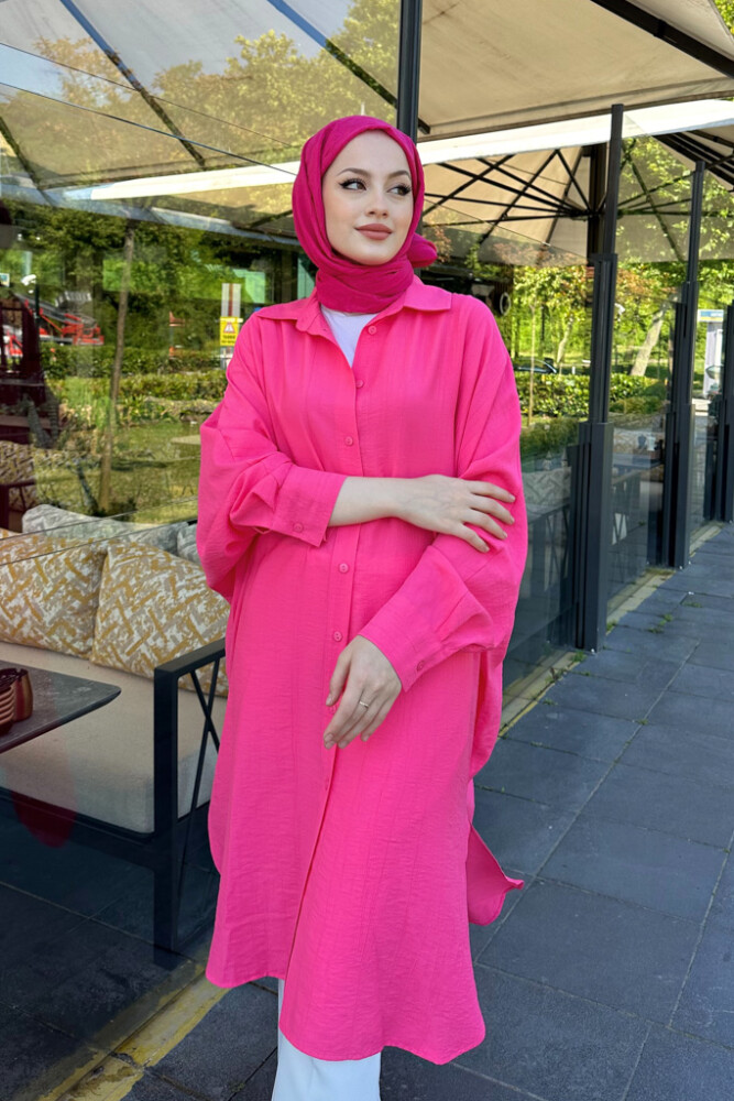 Oversize Yarasa Kol Düz Gömlek - Pembe - 2