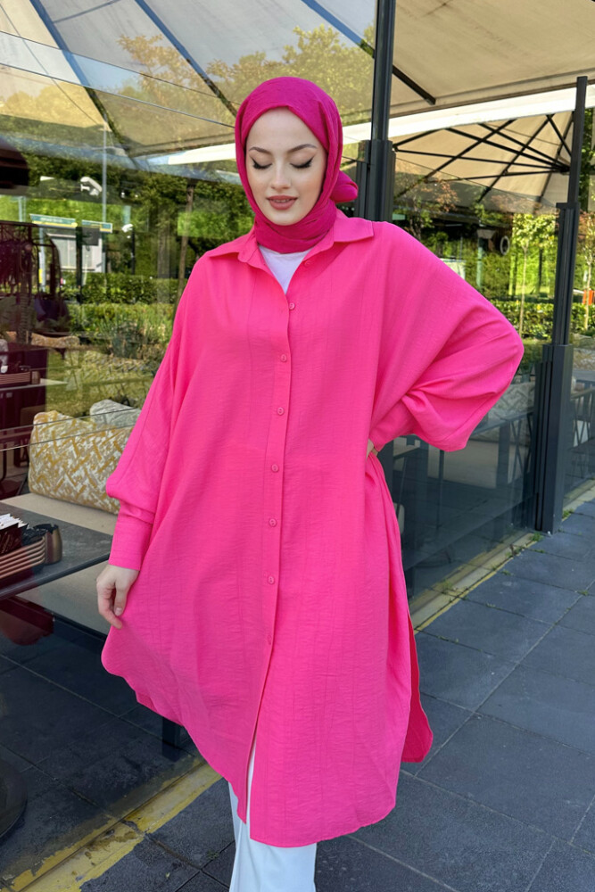 Oversize Yarasa Kol Düz Gömlek - Pembe - 3