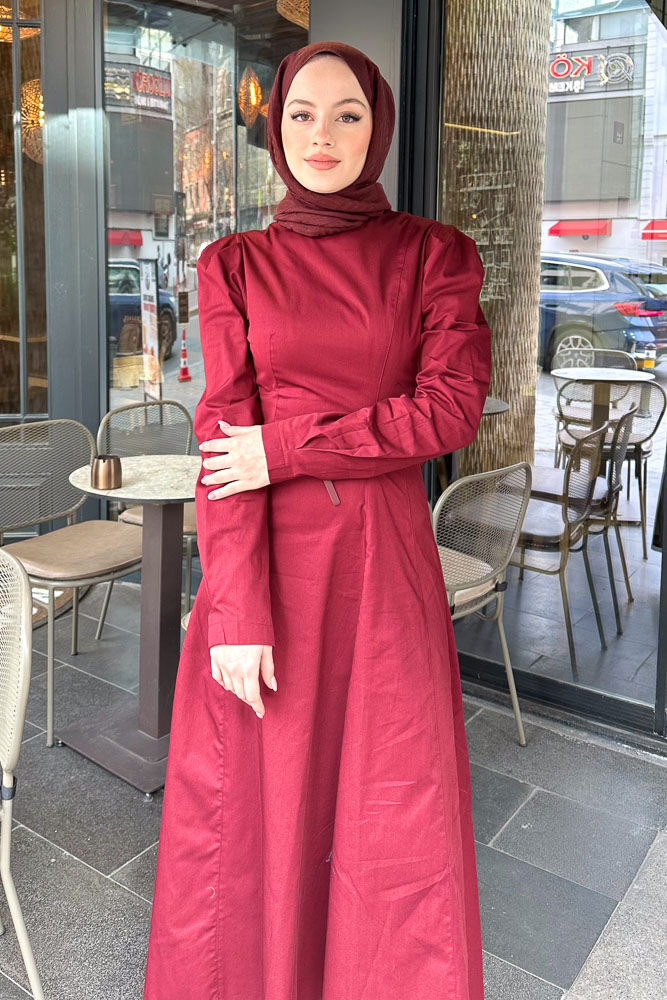 Pensli Kemerli Gabardin Elbise - Bordo - 7