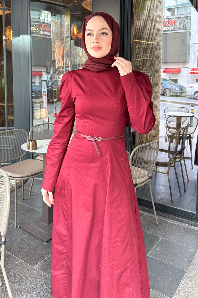 Pensli Kemerli Gabardin Elbise - Bordo - 2