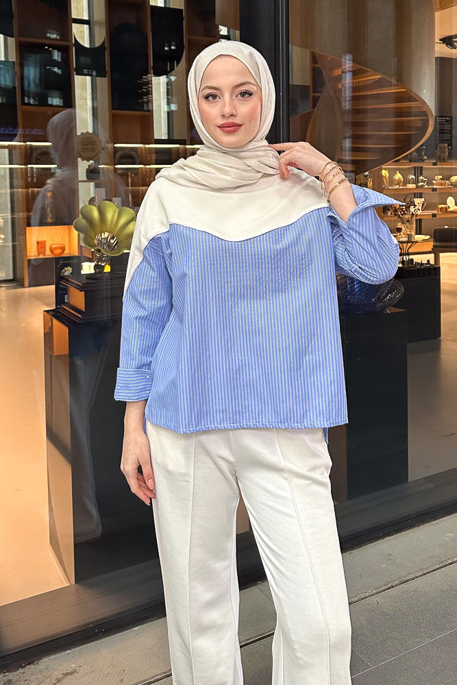 Poplin Detaylı Sweat - Ekru - 5