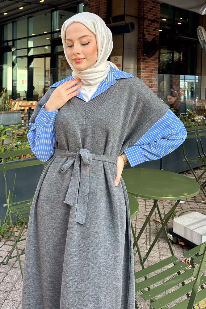 Poplin Detaylı Triko Elbise - Antrasit - 5