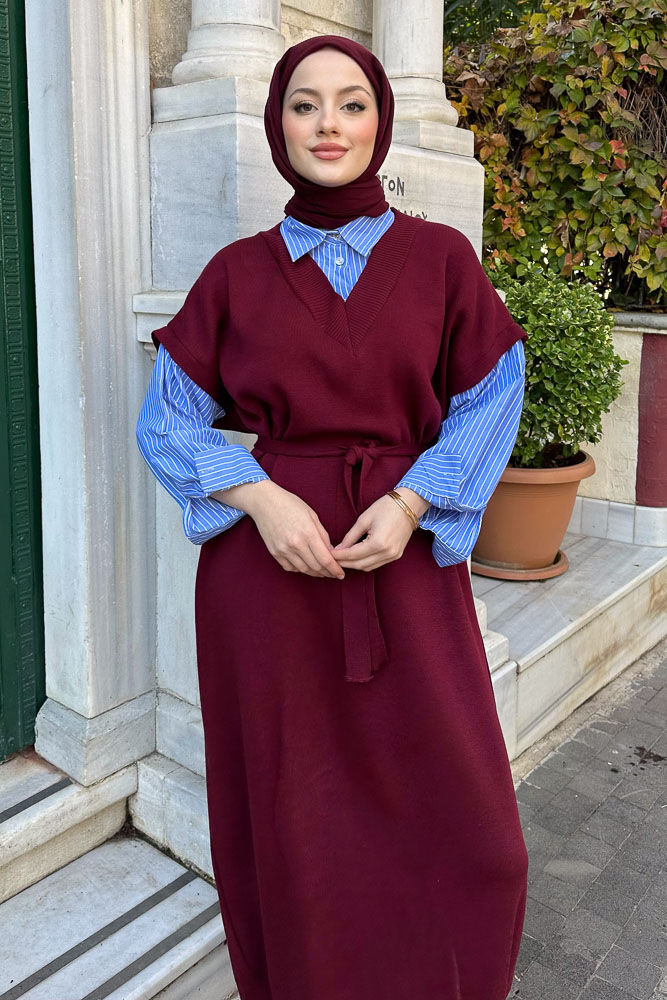 Poplin Detaylı Triko Elbise - Bordo - 4