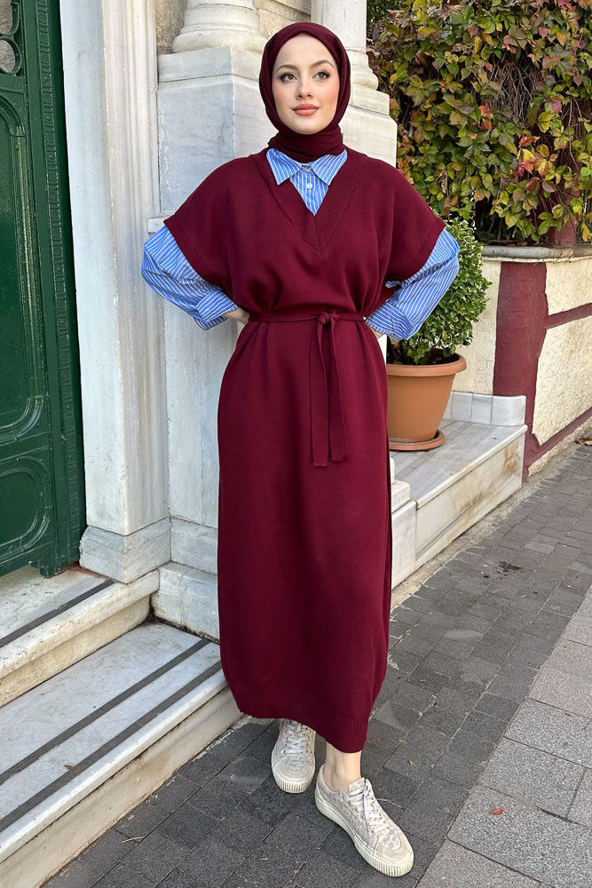 Poplin Detaylı Triko Elbise - Bordo - 6