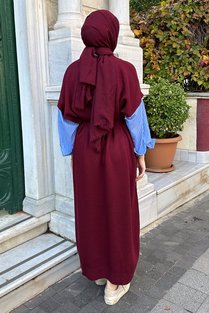 Poplin Detaylı Triko Elbise - Bordo - 7