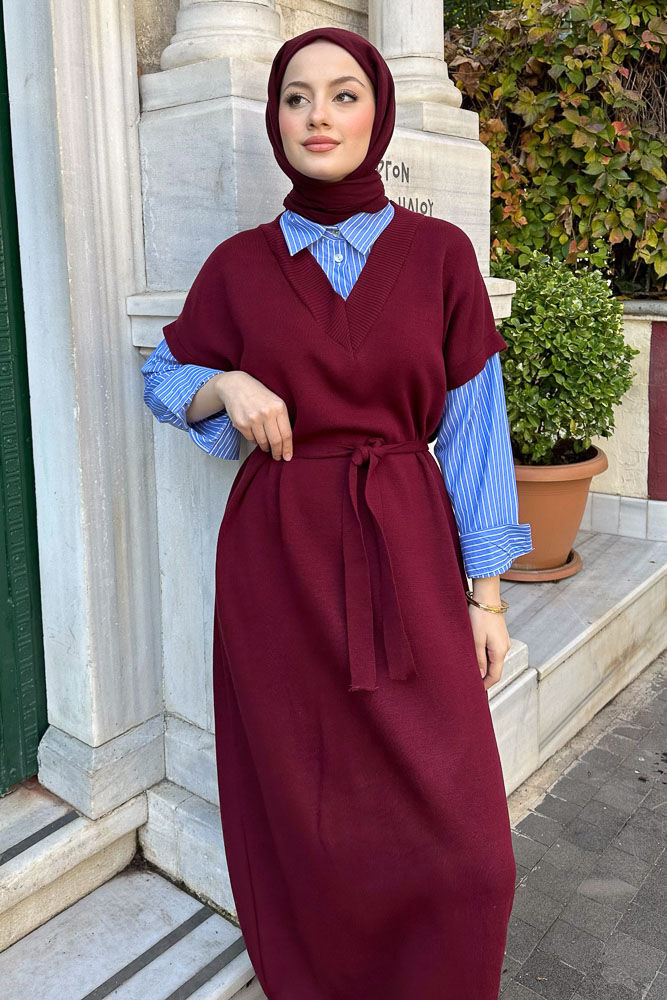 Poplin Detaylı Triko Elbise - Bordo - 5