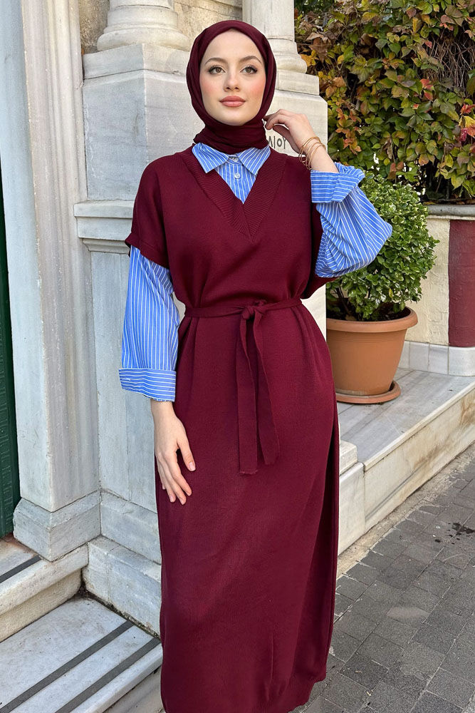 Poplin Detaylı Triko Elbise - Bordo - 8