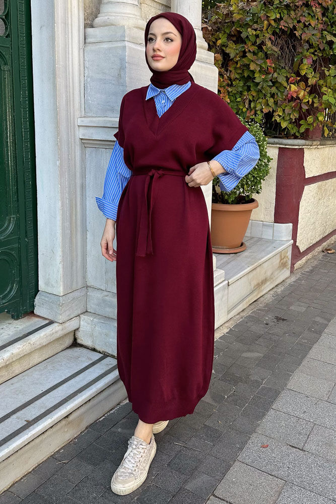 Poplin Detaylı Triko Elbise - Bordo - 2