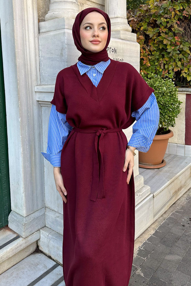 Poplin Detaylı Triko Elbise - Bordo 