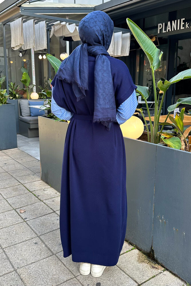 Poplin Detaylı Triko Elbise - Lacivert - 7