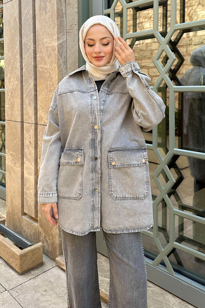 Robalı Oversize Denim Ceket - Gri - 3