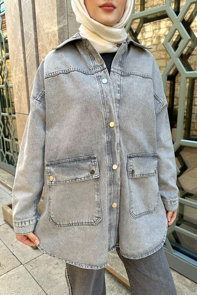 Robalı Oversize Denim Ceket - Gri - 7