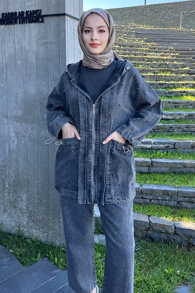 Ronda inci Detaylı Denim Takım - Füme - 5