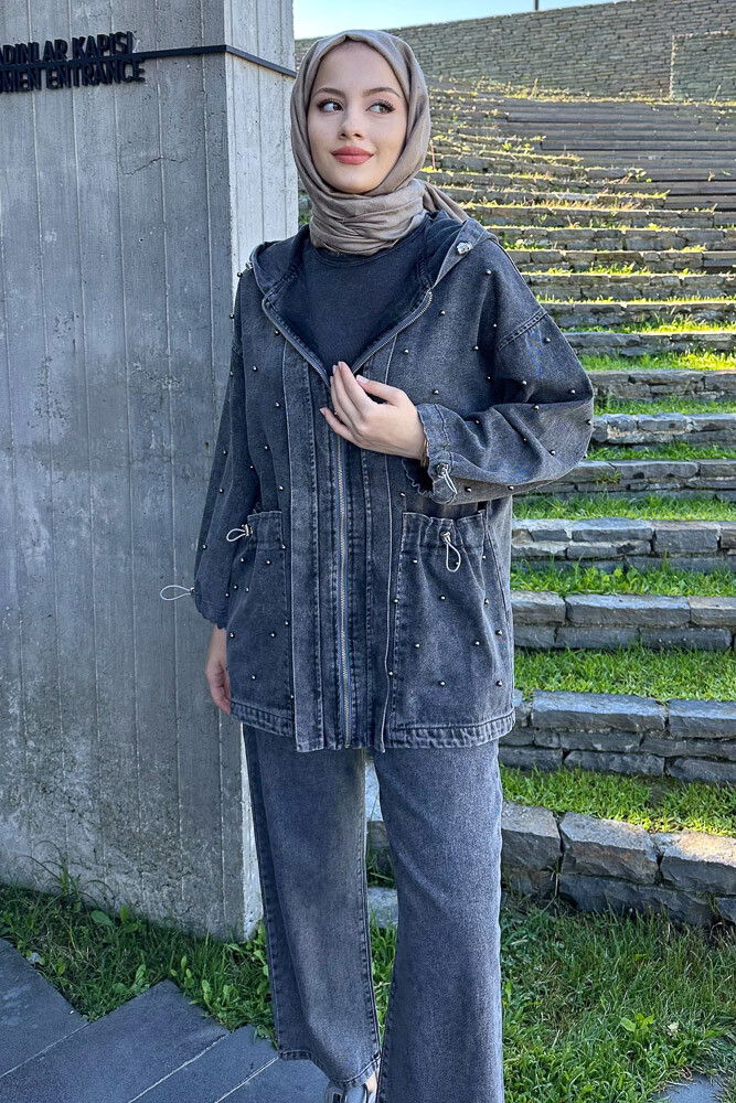 Ronda inci Detaylı Denim Takım - Füme 