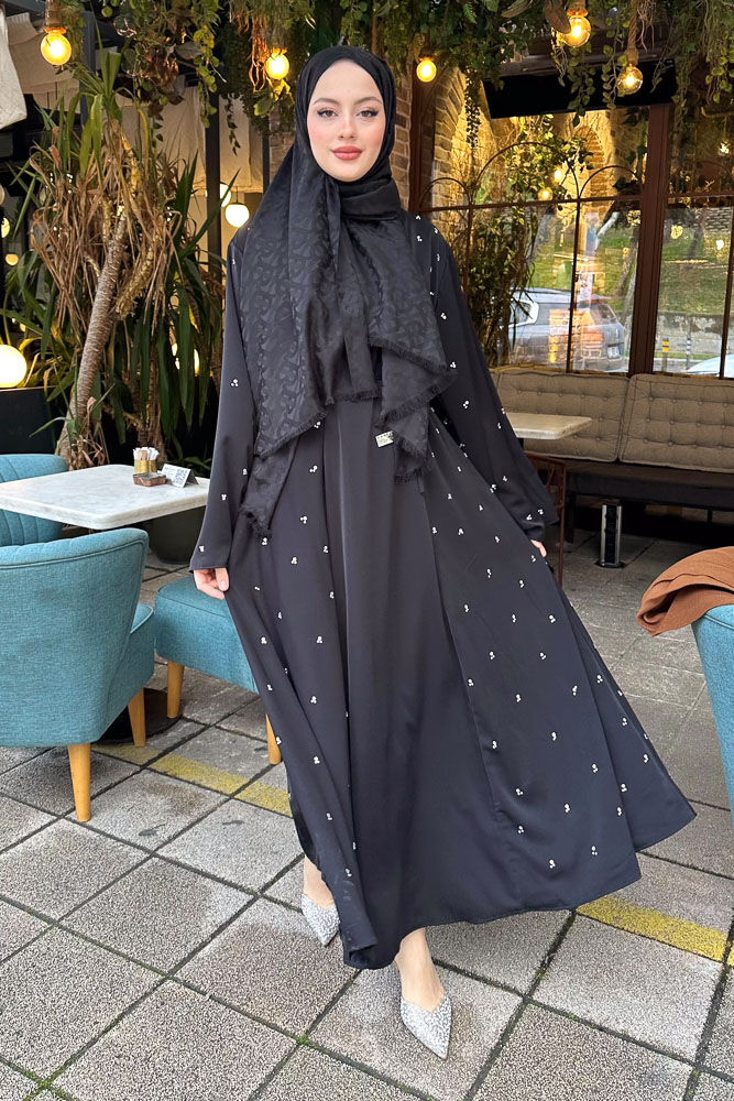 Taşlı Abaya - Siyah - 4