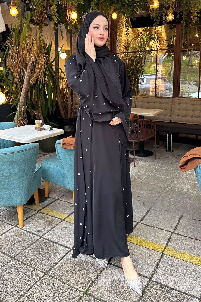 Taşlı Abaya - Siyah 