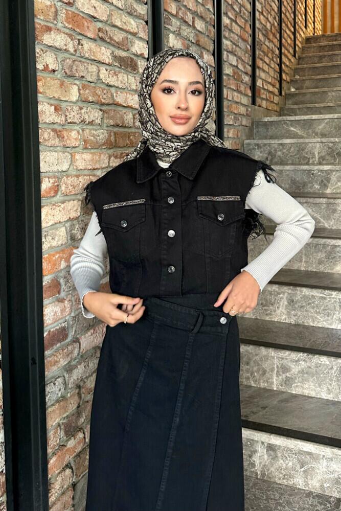 Taşlı Denim Yelek - Siyah - 3