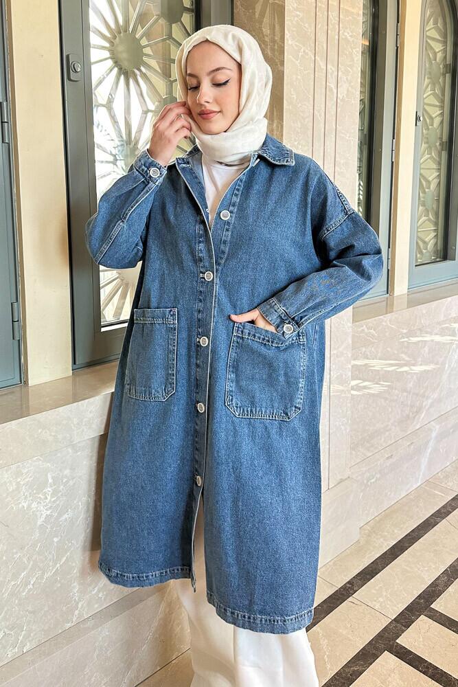 Uzun Düğmeli Denim Ceket - Mavi - 6