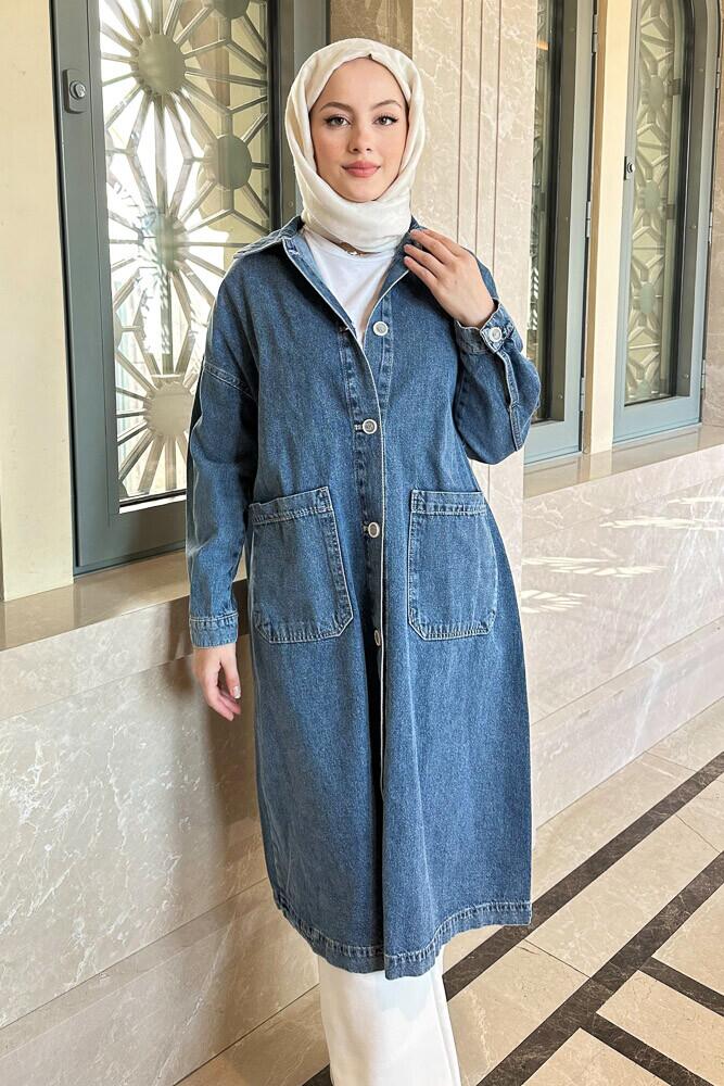 Uzun Düğmeli Denim Ceket - Mavi - 4