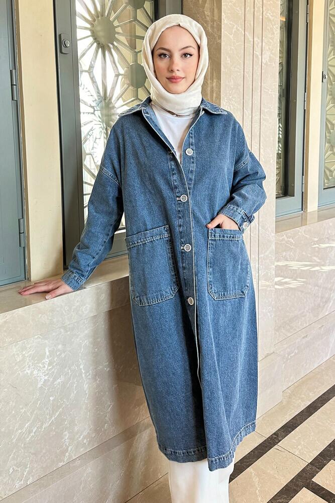 Uzun Düğmeli Denim Ceket - Mavi - 8