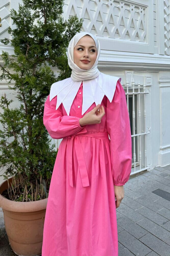 Yakalı Elbise - Pembe - 6