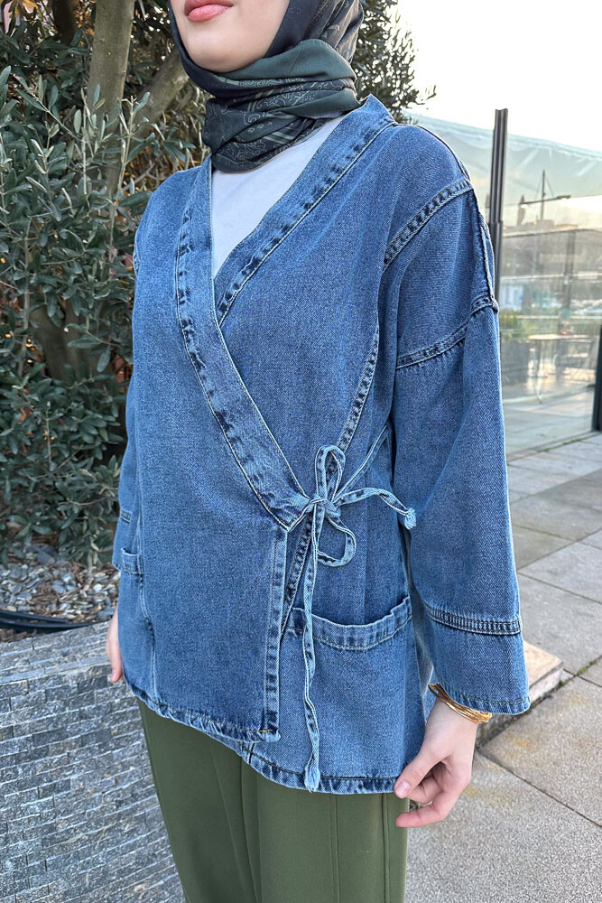 Yandan Bağlamalı Denim Ceket - Açık Mavi - 5