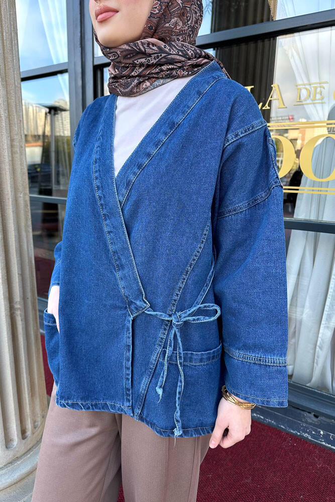 Yandan Bağlamalı Denim Ceket - Koyu Mavi - 5